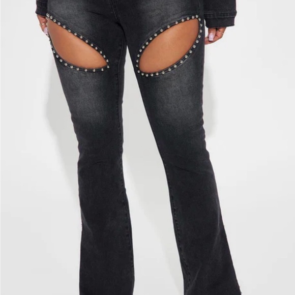Fashion Nova Self Assured Stretch Embellished Bootcut Jeans - Black Wash - Picture 3 of 10